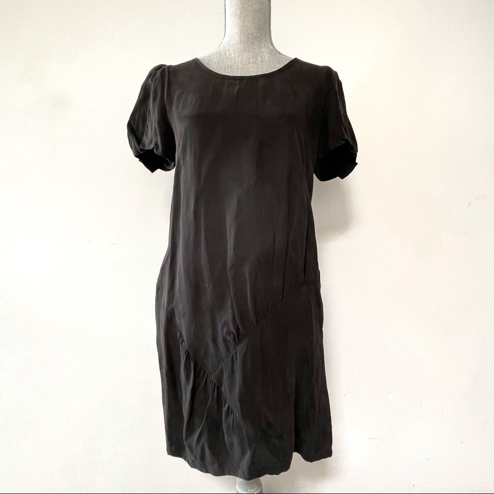 Marni silk designer black dress puff sleeves pleated patchwork ruched detail